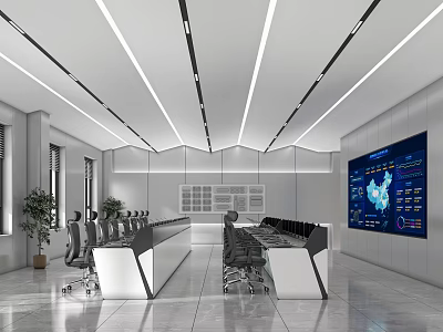 Modern Control Room Interior With Workstations Large Monitor And Data Display Lighting 3d model