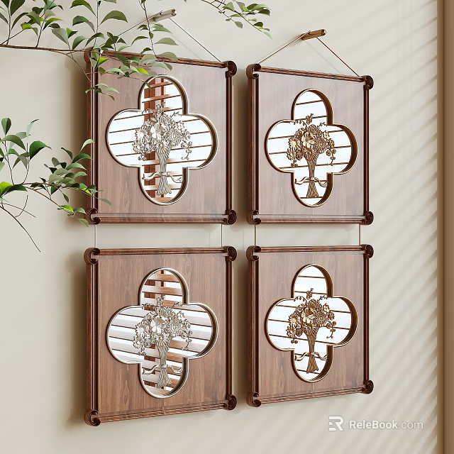 Four Panel Traditional Chinese Landscape Paintings With Wooden Frames Lattice Design And Tree Motifs 3d model 