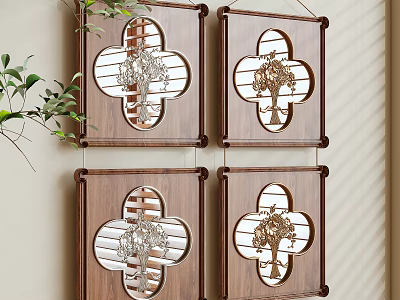 Four Panel Traditional Chinese Landscape Paintings With Wooden Frames Lattice Design And Tree Motifs 3d model