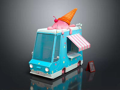 Blue Ice Cream Truck With Large Ice Cream Cone On Top And Menu Sign 3d model