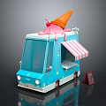 Blue Ice Cream Truck With Large Ice Cream Cone On Top And Menu Sign
