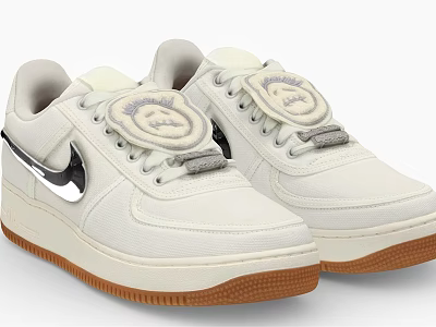 White Nike Sneakers Featuring Silver Swoosh Logo Tongue Circular Badge And Brown Rubber Sole 3d model