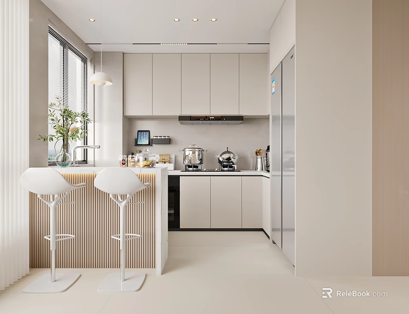 Modern Living Dining Room Interior With Open Bar Stools Cabinets Appliances And Window Plants 3d model 