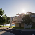 Modern Building Exterior View With Water Pool Flying Birds And Green Trees