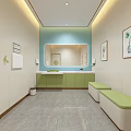 Modern Public Washroom Interior With Light Green Cabinets Mirror Green Benches Decorative Paintings And Gray Tiles