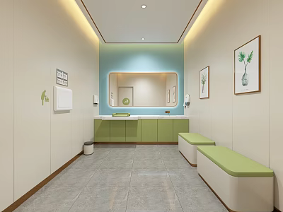 Modern Public Washroom Interior With Light Green Cabinets Mirror Green Benches Decorative Paintings And Gray Tiles 3d model
