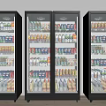 Multiple Commercial Glass Door Refrigerators Stocked with Assorted Beverages for 3d model