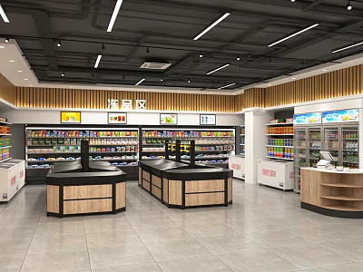 Modern Supermarket Interior Featuring Fresh Produce Section Shelves Full Of Products Checkout Counters And Coolers 3d model