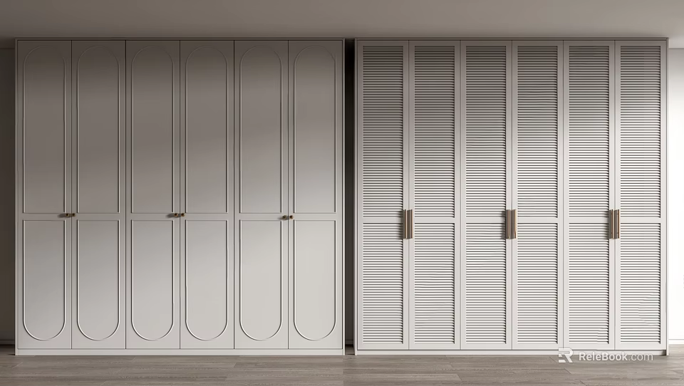 Modern White Wardrobe Designs With Arched Panels And Louvered Doors Featuring Brass Handles 3d model 