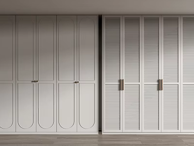 Modern White Wardrobe Designs With Arched Panels And Louvered Doors Featuring Brass Handles 3d model