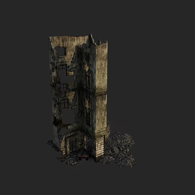 Ruined Multi Story Building Exterior With Dilapidated Walls Damaged Windows And Debris 3d model