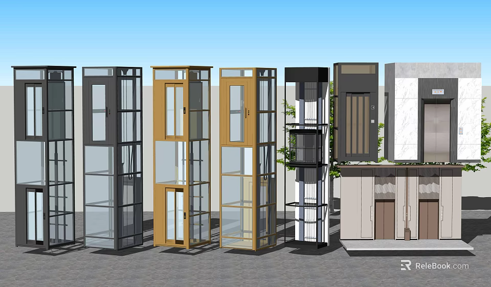 Modern Elevator Designs With Glass Metal Frames And Various Colors 3d model 