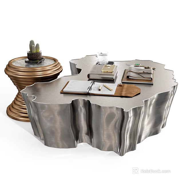 Modern Metallic Coffee Table With Unique Edge Design And Decorative Notebooks Books Glass 3d model 