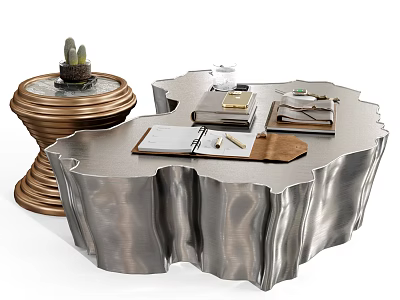 Modern Metallic Coffee Table With Unique Edge Design And Decorative Notebooks Books Glass 3d model