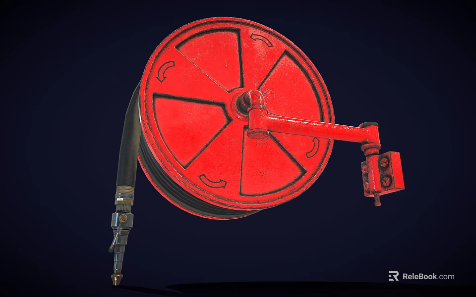 Red Fire Hose Reel With Black Hose Bracket And Control Unit For Emergency Use 3d model 