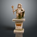 Carved Stone Statue Holding Golden Scepter Wearing Cape On Marble Pedestal With Plaque