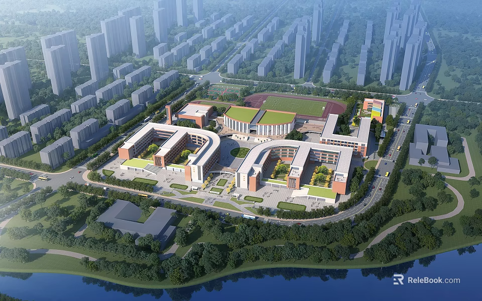 Aerial View of Modern School Building Campus With Sports Field and Waterfront Greenery 3d model 
