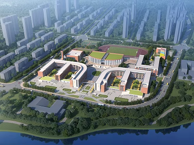 Aerial View of Modern School Building Campus With Sports Field and Waterfront Greenery 3d model