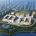 Aerial View of Modern School Building Campus With Sports Field and Waterfront Greenery