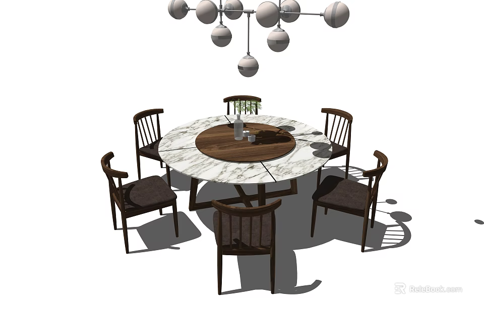 Round Marble Dining Table Set With Wooden Center Four Chairs And Pendant Light 3d model 