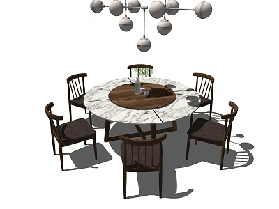 Round Marble Dining Table Set With Wooden Center Four Chairs And Pendant Light 3d model