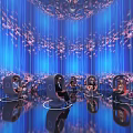 Modern Circular Space With Dark Blue Curtains Seats Ring Lights And People On Reflective Floor