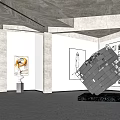 Contemporary Exhibition Hall Interior With Large Geometric Metal Sculpture And Framed Photo Wall Art