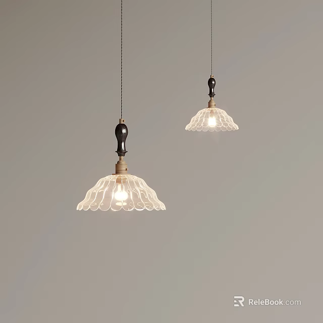 Two Illuminated Pendant Lights With Scalloped Glass Shades And Wooden Black Accents 3d model 