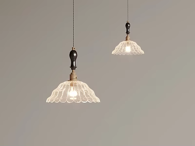 Two Illuminated Pendant Lights With Scalloped Glass Shades And Wooden Black Accents 3d model