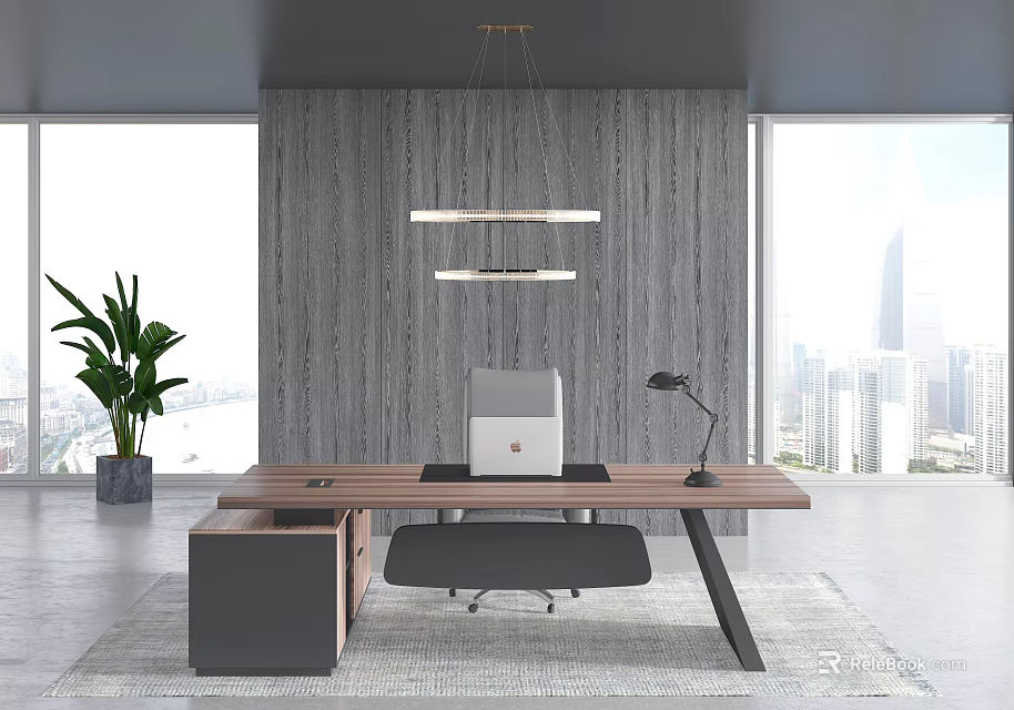 Modern Office Desk With Wooden Surface Ergonomic Chair Desk Lamp Potted Plant And City View 3d model 