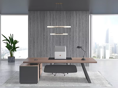Modern Office Desk With Wooden Surface Ergonomic Chair Desk Lamp Potted Plant And City View 3d model