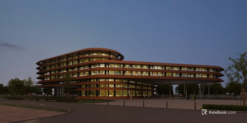 Modern Commercial Complex With Curved Glass Facade And Illuminated Exterior Surrounded By Plaza And Trees 3d model 
