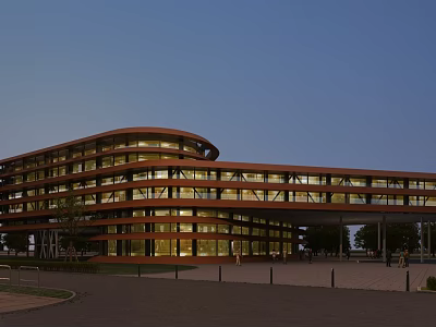 Modern Commercial Complex With Curved Glass Facade And Illuminated Exterior Surrounded By Plaza And Trees 3d model