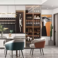 Elegant Modern Restaurant Interior With Wine Racks Pendant Lights Dining Table And Chairs