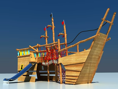 Wooden Pirate Ship Play Equipment With Slide Climbing Net Masts And Flags 3d model