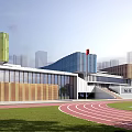 Modern School Building Complex With Green Roofs Running Track Basketball Court And Urban Trees