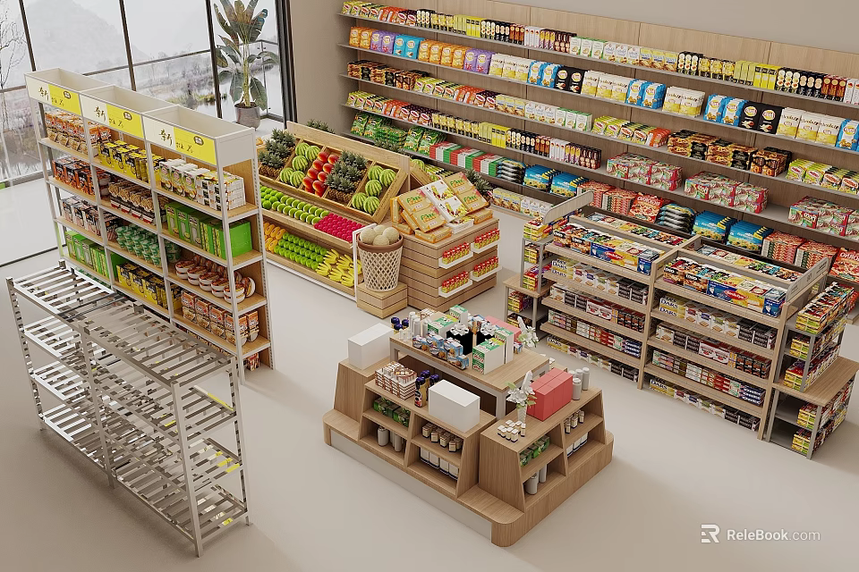 Neatly Arranged Retail Display Shelves with Fruits Bread Snacks and Beverages in Modern Store Interior 3d model 