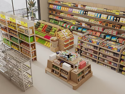 Neatly Arranged Retail Display Shelves with Fruits Bread Snacks and Beverages in Modern Store Interior 3d model