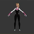 Game and Movie Character With Blonde Hair Black White Bodysuit Pink Gloves Blue White Sneakers