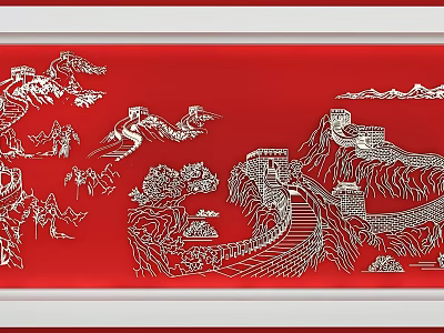 Artistic Wall Decoration with White Great Wall and Mountain Patterns on Red Background 3d model