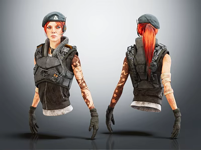 Red Haired Character With Tactical Vest And Beret Front Back View 3d model