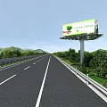 Wide Asphalt Highway Roadside Facilities With Billboard Guardrail And Green Mountain Vegetation