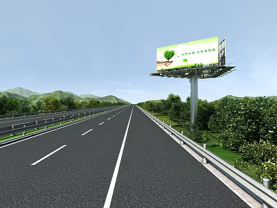 Wide Asphalt Highway Roadside Facilities With Billboard Guardrail And Green Mountain Vegetation 3d model