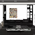 Modern Living Room Interior With Black Sofa Marble Coffee Table Abstract Painting And Glass Cabinet