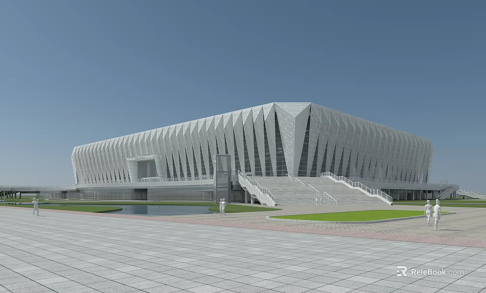 Modern Stadium Architectural Design With Geometric White Exterior And Steps Plaza 3d model 