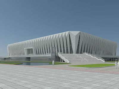 Modern Stadium Architectural Design With Geometric White Exterior And Steps Plaza 3d model