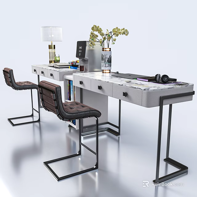 Modern Home Office Desk With Leather Chairs Marble Top And Decorative Vase 3d model 