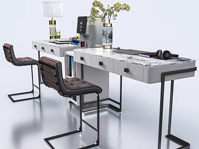 Modern Home Office Desk With Leather Chairs Marble Top And Decorative Vase 3d model
