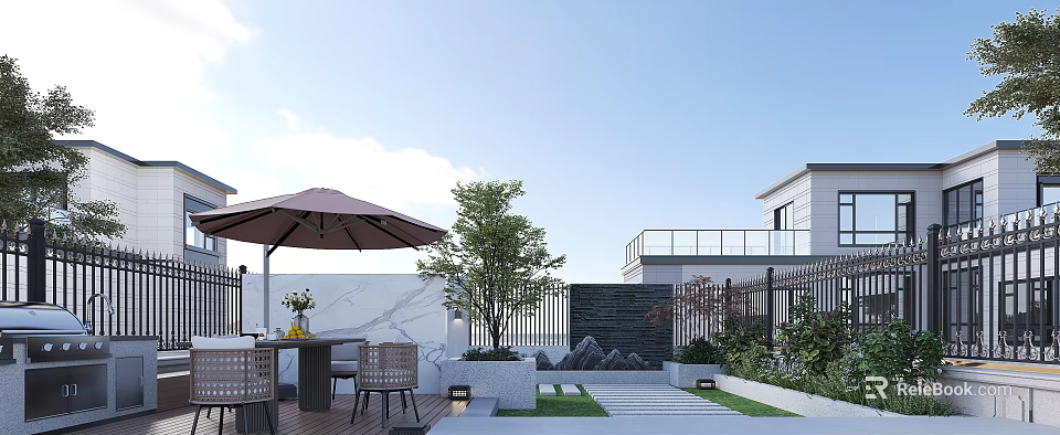 Garden Landscape Design with Brown Umbrella Wooden Table Chairs Green Tree Stone Wall and Plants 3d model 