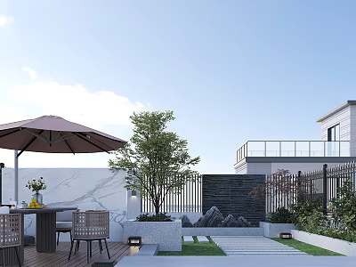 Garden Landscape Design with Brown Umbrella Wooden Table Chairs Green Tree Stone Wall and Plants 3d model